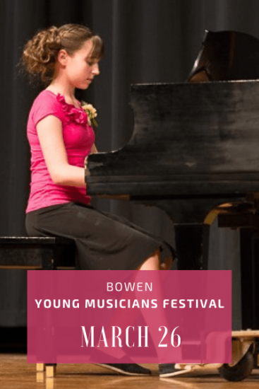The Bowen Young Musicians Festival on March 26, 2022. Image of a young woman in a pink blouse playing a piano piece on a baby grand piano.