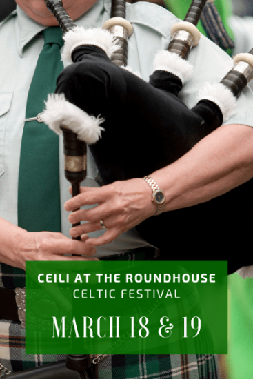 2022 Celtic Festival March 18 & 19. Image of a man playing the bagpipes