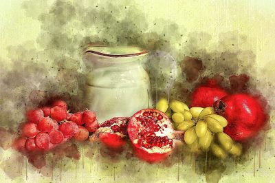Still Life Painting with white ewer pitcher & fruit